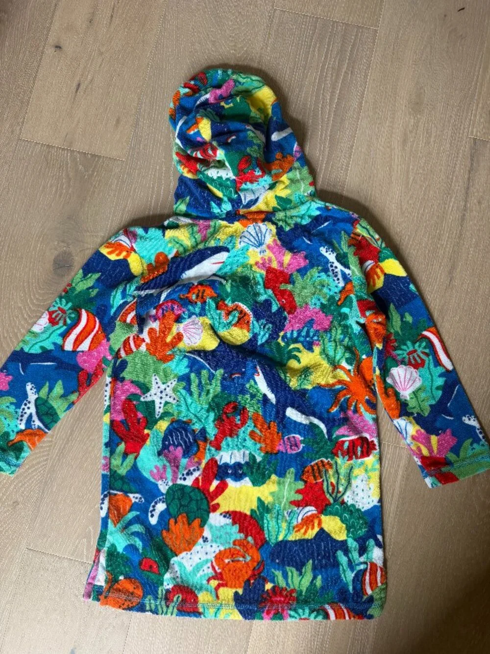 Boden Towelling Throw-On Hooded Ocean Reef Cover Up Beach Whimsical Blue - 6-7Y